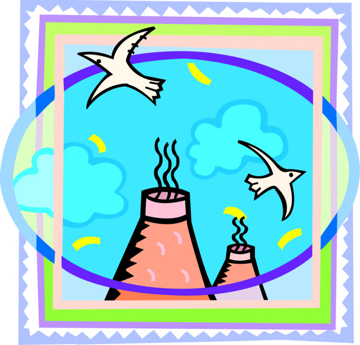 Vector Illustration of Industrial Factory Chimney Smokestacks Spewing Pollution with Birds Flying