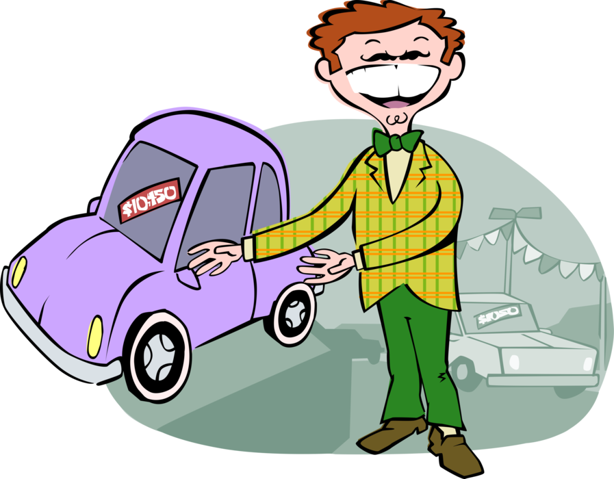 Vector Illustration of Slimy used Car Salesman Sells an Automobile Motor Vehicle