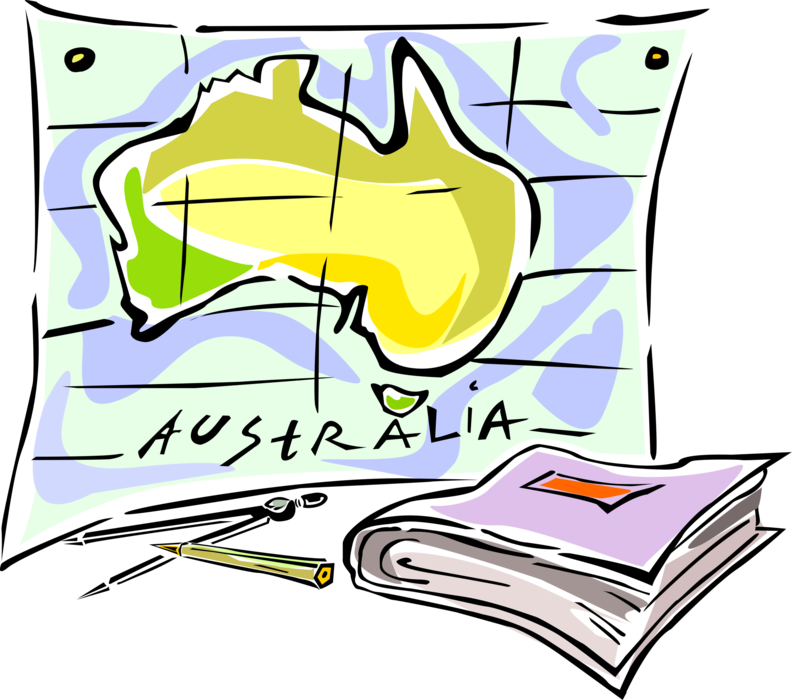 Vector Illustration of School Geography Class with Australia Map, Compass and Student Schoolbooks