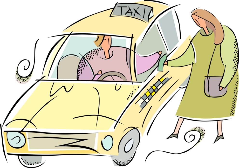 Vector Illustration of Motorist Driver in Taxicab Taxi or Cab Vehicle for Hire Automobile with Fare Paying Passenger