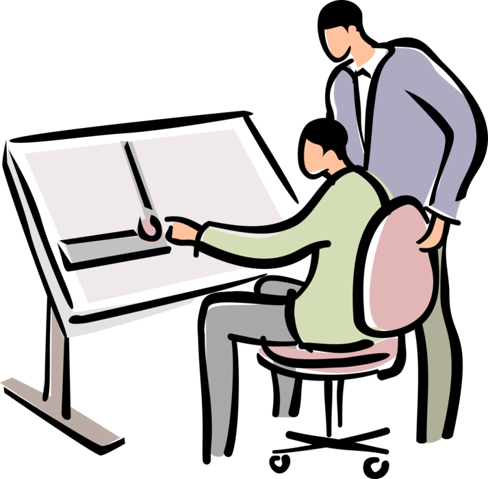 Vector Illustration of Architects Work at Drafting Table with Building Design