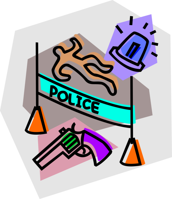 Vector Illustration of Law Enforcement Police Crime Scene with Victim Chalk Outline, Handgun Weapon and Siren