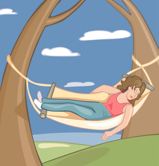 Vector Illustration of Woman Relaxing on Hammock on Summer Day