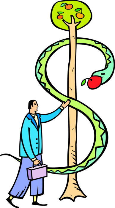 Vector Illustration of Money is the Root of All Evil with Snake Tempting Businessman with Apple