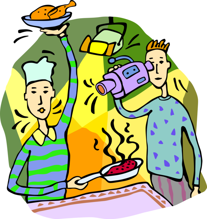 Vector Illustration of Chef and Filmmaker Filming Television Entertainment Cooking Show