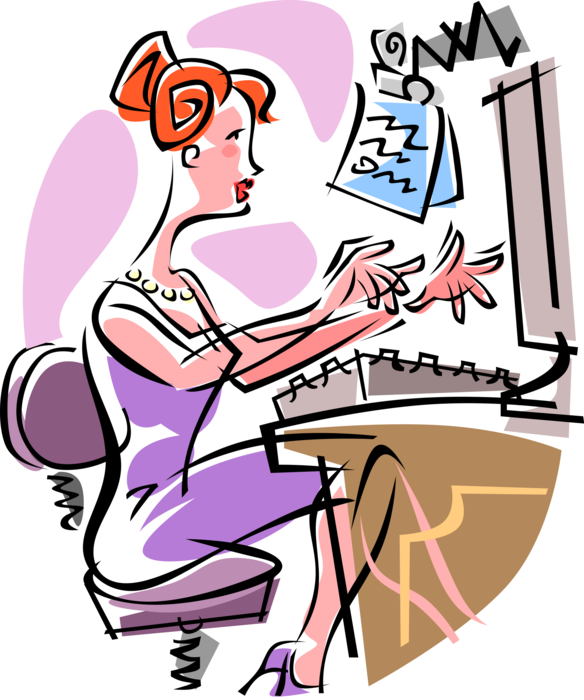 Vector Illustration of Office Receptionist Typing at Computer Keyboard