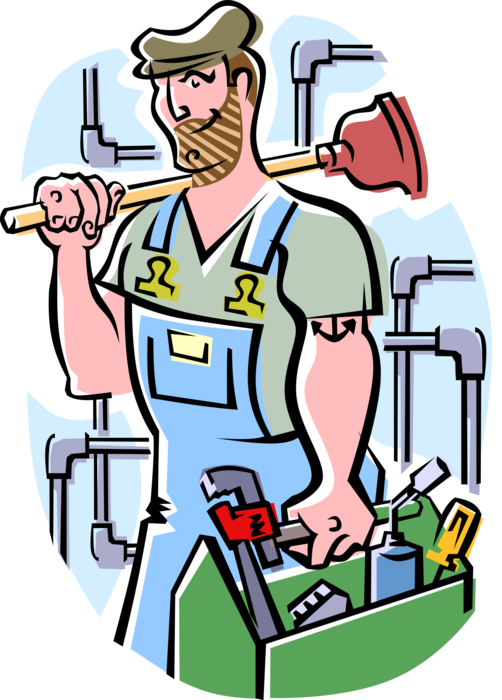 Vector Illustration of Handyman Home Renovation Expert Plumber Carries Plunger with Toolbox