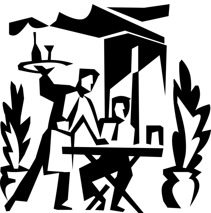 Vector Illustration of Restaurant Maître d'hôtel Waiter Serving Alcohol Beverage Wine to Customer