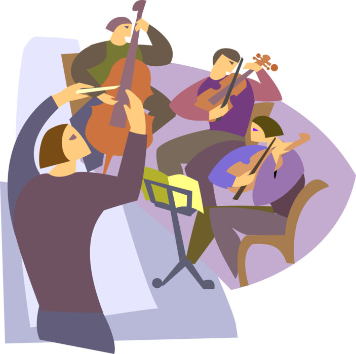 Vector Illustration of Musical Ensemble Musicians with Maestro Orchestra Conductor Play Violins and Cello