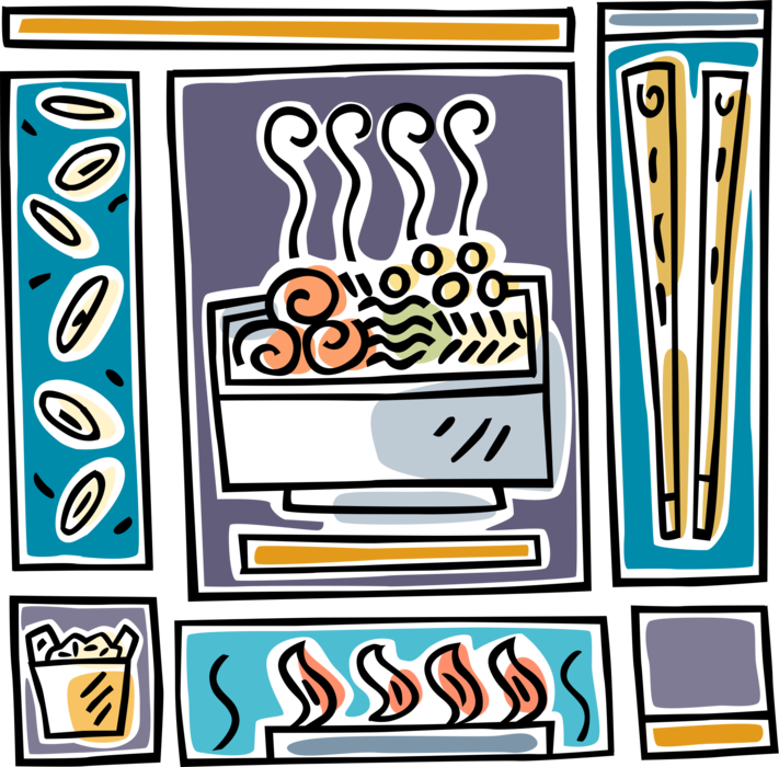 Vector Illustration of Japanese Robatayaki Grilling with Chopsticks and Rice