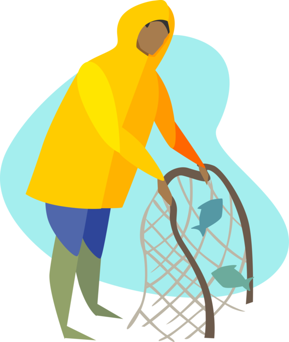 Vector Illustration of Commercial Fisherman Angler with Fishing Net Holding Fish