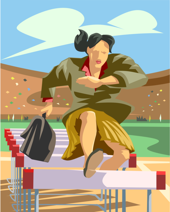 Vector Illustration of Track and Field Athletic Sport Contest Businesswoman Hurdler Racing the Hurdles