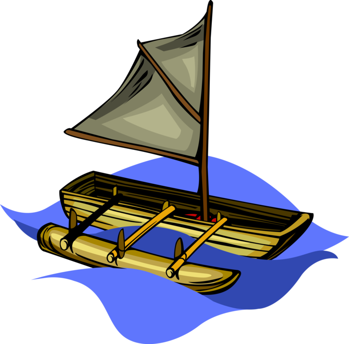 Vector Illustration of Canoe Watercraft Boat with Sail and Outrigger