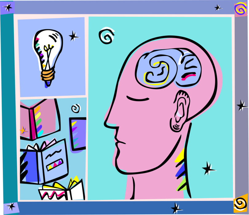 Vector Illustration of Human Brain Thought and Thinking Process with Learning and Ideas