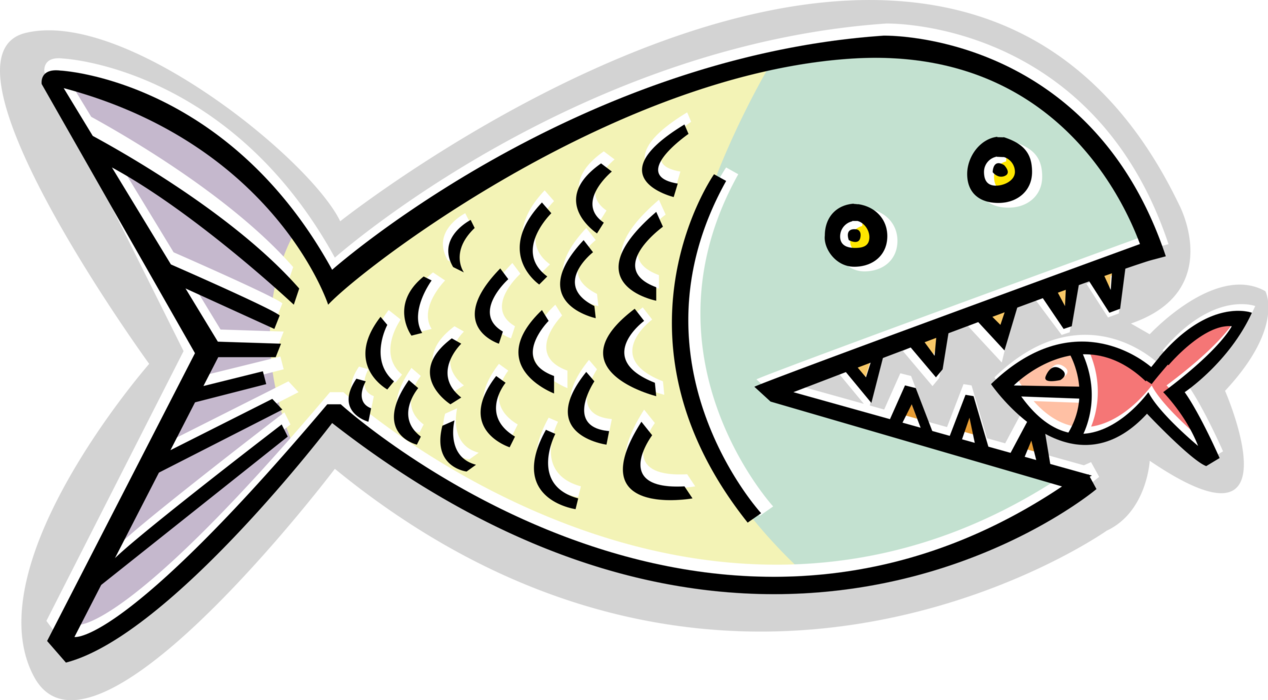 Vector Illustration of Large Aquatic Marine Fish Eats Small Aquatic Marine Fish