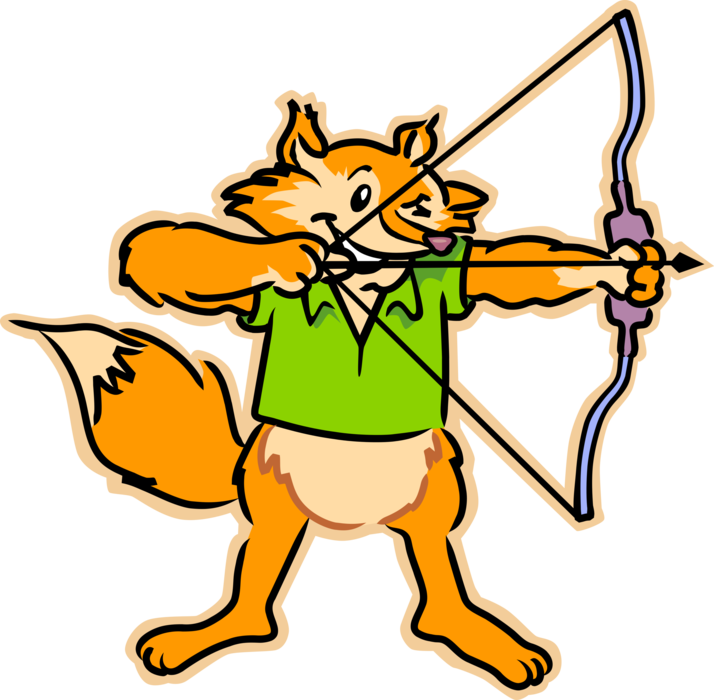 Vector Illustration of Omnivorous Mammal Red Fox Archer with Archery Bow & Arrow