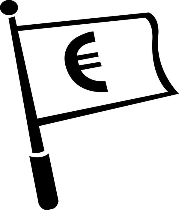 Vector Illustration of Financial Concept Waving Flag on Pole with European Union Euro Sign