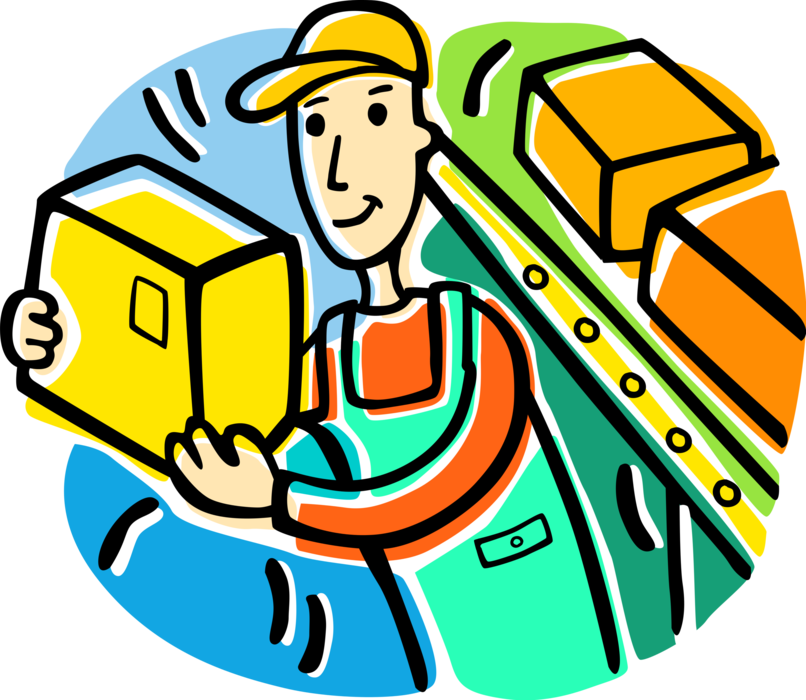 Vector Illustration of Manufacturing Industry Factory Worker with Product Packages on Conveyor Belt