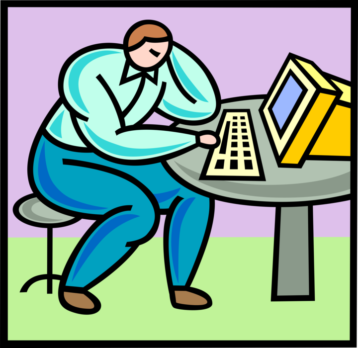 Vector Illustration of Office Worker Working with Computer at Desk