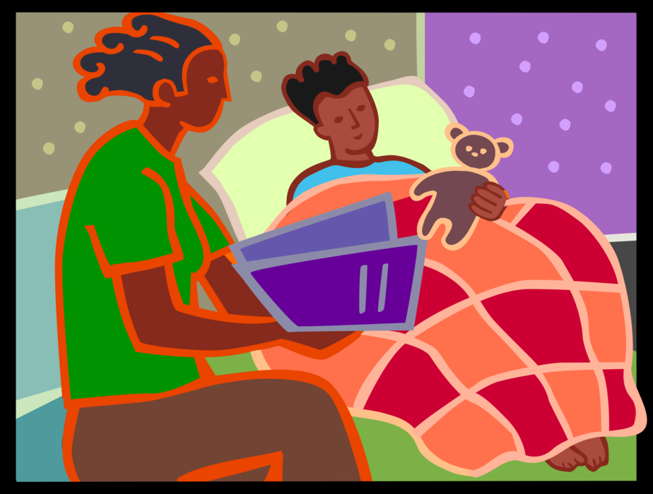 Vector Illustration of Mother Reads Bedtime Story to Child in Bed