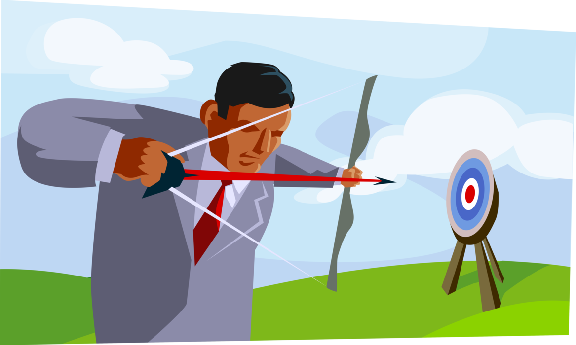 Vector Illustration of Businessman Archer with Bow and Arrow Aims at Target Bullseye or Bull's-Eye