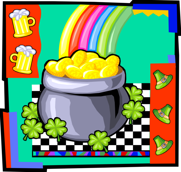 Vector Illustration of St Patrick's Day Pot of Gold at End of Rainbow with Leprechaun Hats and Beer
