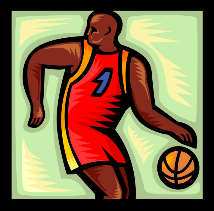 Vector Illustration of Sport of Basketball Game Player Dribbles Ball on Court