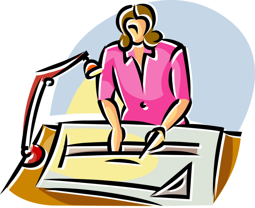 Vector Illustration of Architect Works on Drafting Table with T-Square