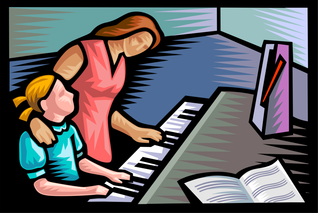 Vector Illustration of Piano Teacher Gives Lessons to Student with Metronome and Piano Keyboards