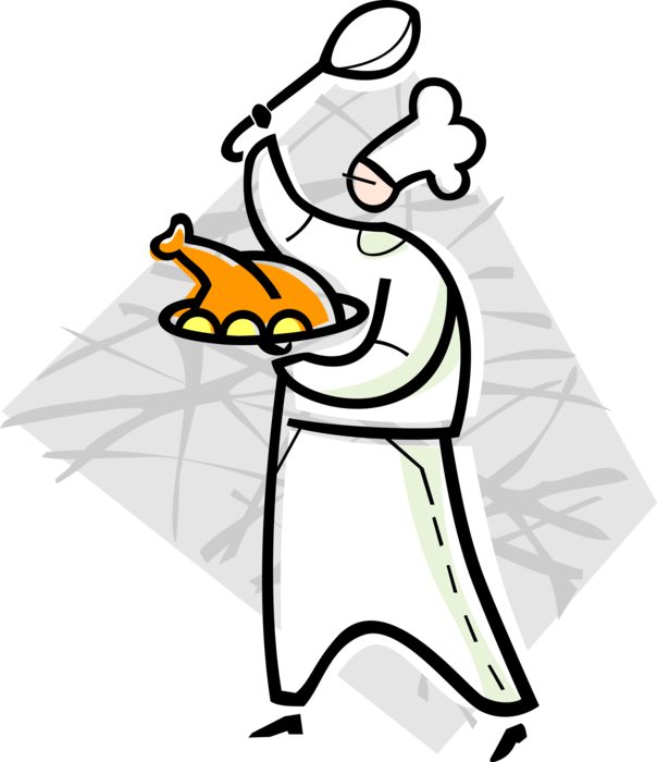 Vector Illustration of Culinary Cuisine Restaurant Chef Serves Thanksgiving or Christmas Roast Turkey Dinner