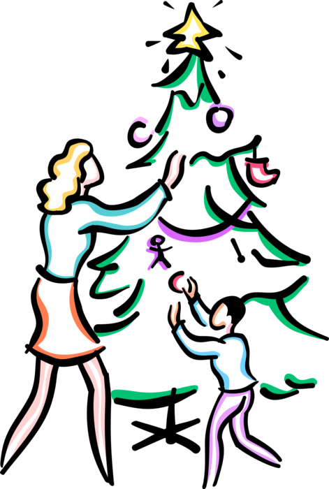 Vector Illustration of Decorating Evergreen Christmas Tree with Ornament Decorations