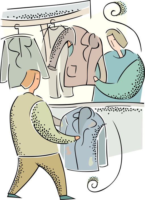 Vector Illustration of Customer Delivers Stained Clothes to Dry Cleaner for Chemical Solvent Dry Cleaning