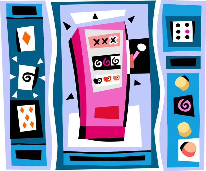 Vector Illustration of Casino Gambling Slot Machine, Playing Cards, Chips and Money