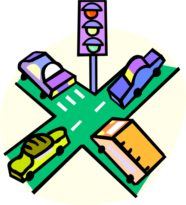 Vector Illustration of Automobile Motor Vehicle Cars at Road Intersection with Traffic Lights