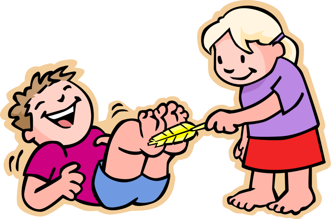 Vector Illustration of Primary or Elementary School Student Girl Tickling Boy on Feet with Feather