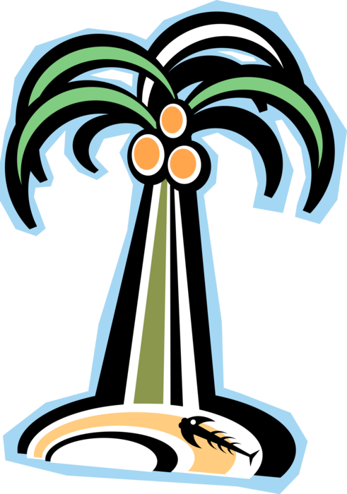 Vector Illustration of Arecaceae Palm Tree on Tropical Deserted Island