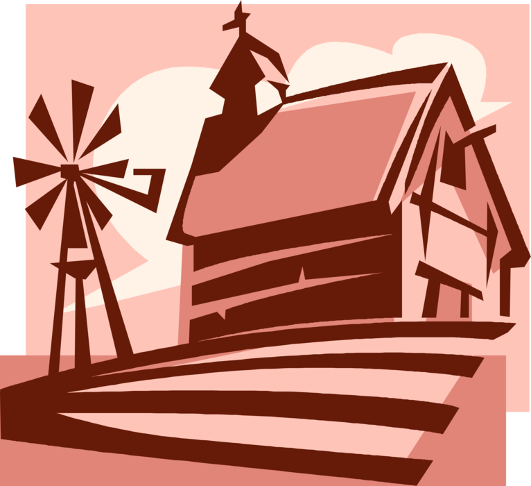 Vector Illustration of Farm Barn and Farming Windmill or Wind Engine and Field Crop