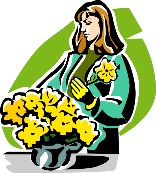 Vector Illustration of Florist Prepares Bouquet of Cut Yellow Flowers in Vase