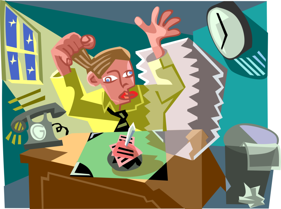 Vector Illustration of Overworked Businessman Working Late at Office Faces Work Deadline