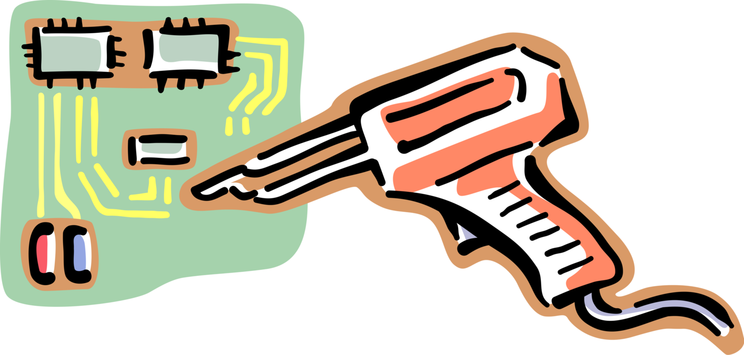 Vector Illustration of Soldering Gun Solders Metal with Printed Circuit Board