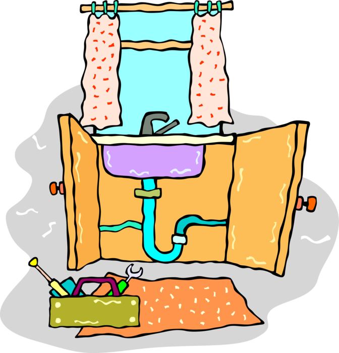 Vector Illustration of Plumbing Problem with Kitchen Sink and Plumber's Tools