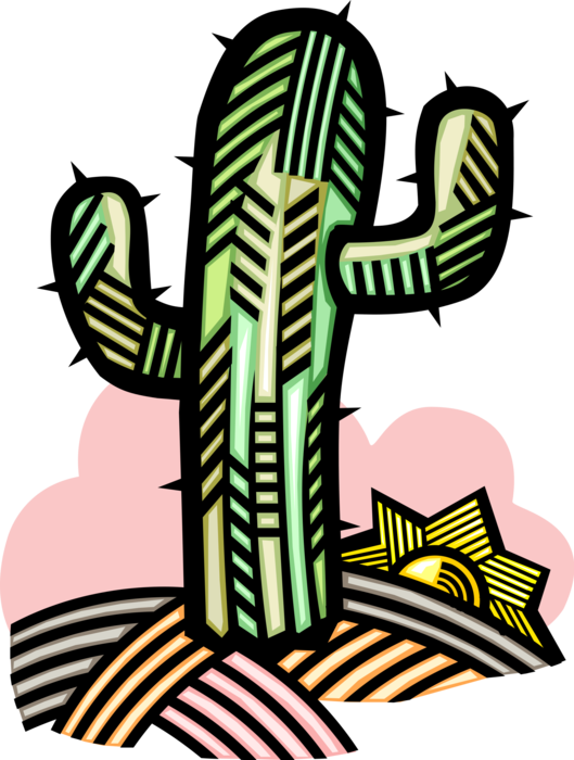 Vector Illustration of Desert Vegetation Succulent Cactus with Rising Sun