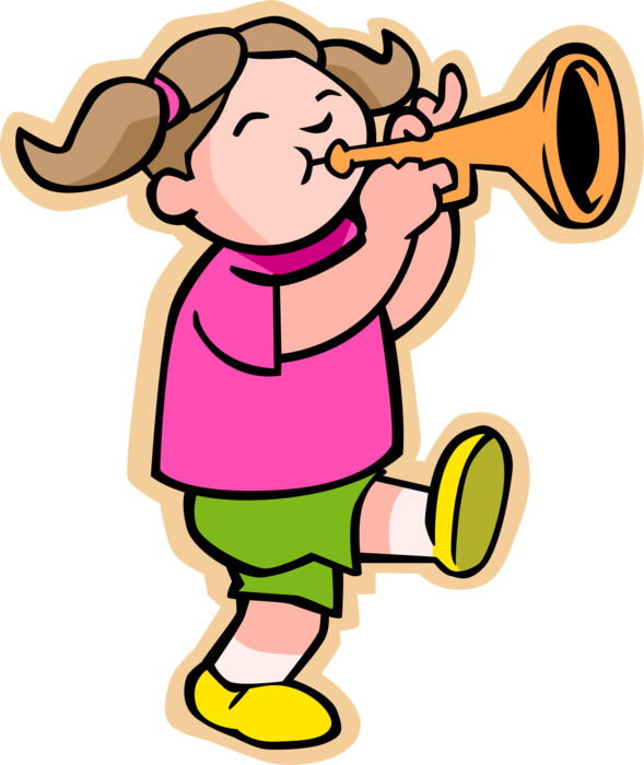 Vector Illustration of Primary or Elementary School Student Girl Blows Trumpet Brass Musical Instrument