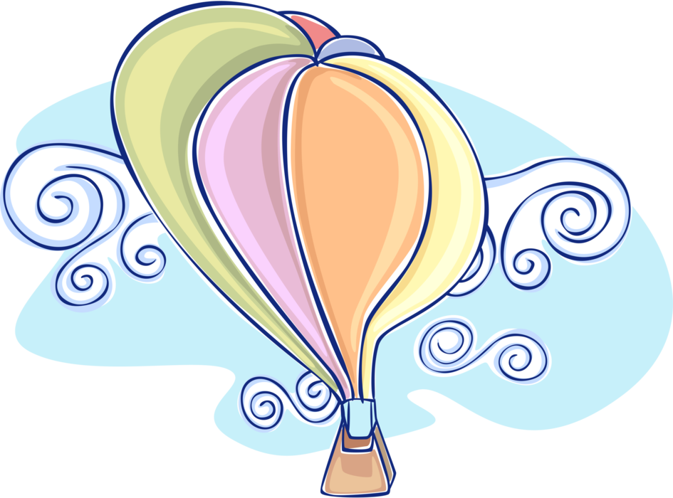 Vector Illustration of Hot Air Balloon with Gondola Wicker Basket Carry Passengers Aloft