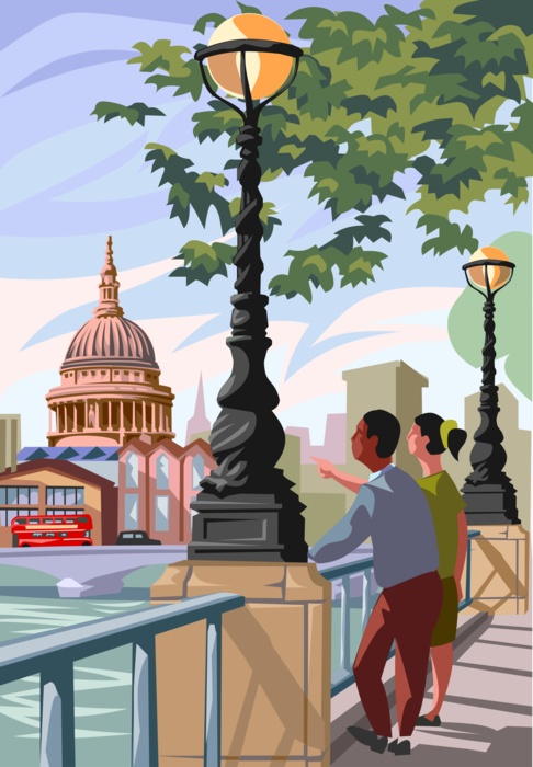Vector Illustration of Iconic St. Paul's Cathedral London from River Thames, United Kingdom
