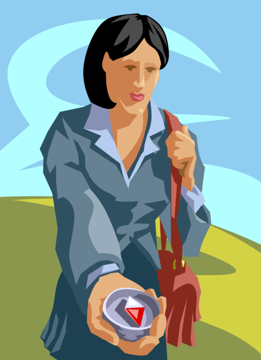 Vector Illustration of Businesswoman Holds Magnetic Directional Compass Seeking Direction
