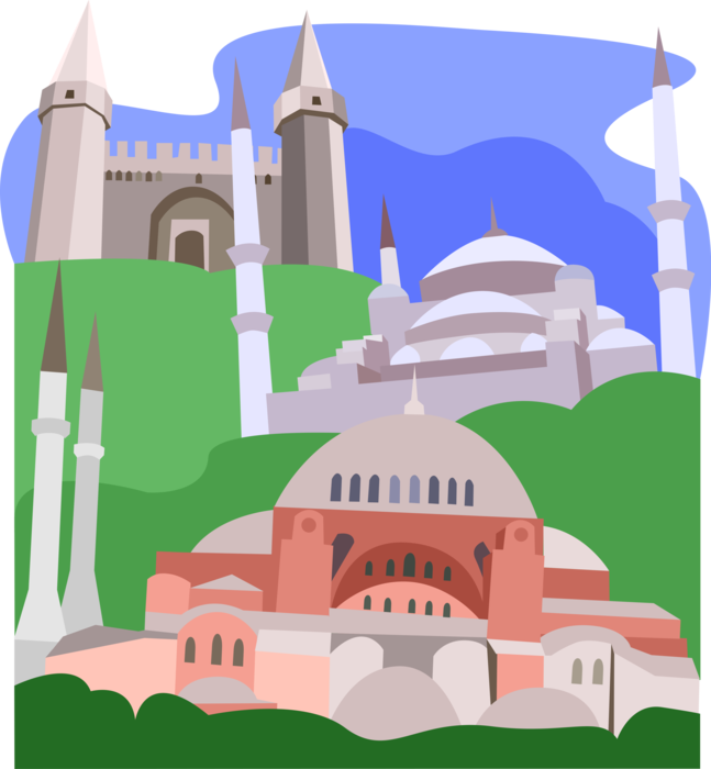 Vector Illustration of Sultanahmet Mosque, Hagia Sophia or Ayasofya, Topkapı Palace, Istanbul, Turkey