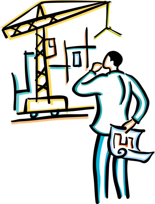 Vector Illustration of Engineer with Blueprints at Building Construction Site with Lifting Crane