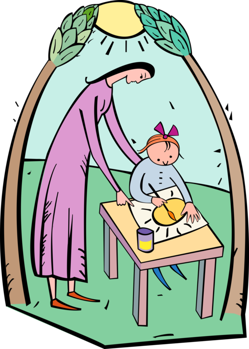 Vector Illustration of Mother Watching Child Paint Picture of Sun