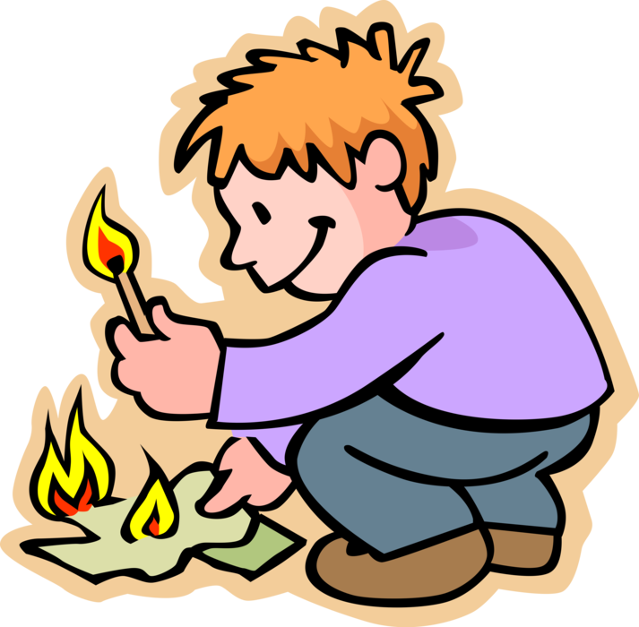 Vector Illustration of Primary or Elementary School Student Juvenile Delinquent Boy with Match Lights Fire